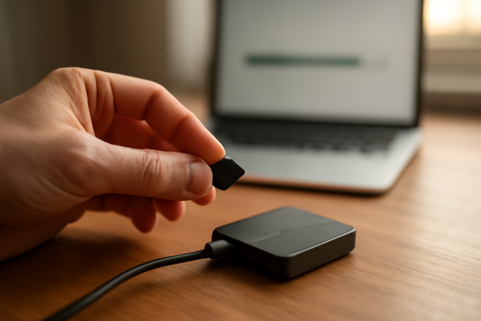 MicroSD dan card reader di atas meja kayu untuk pengujian kapasitas kartu memori